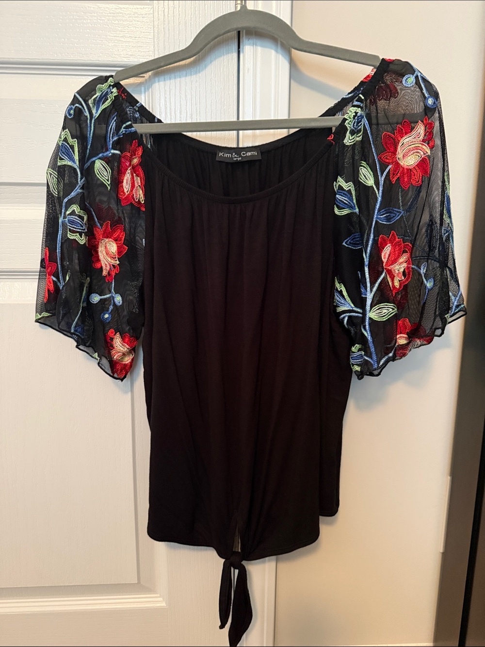 Kim & Cami Black Top with Red Floral Embroidered Puff Sleeves and Tie Front